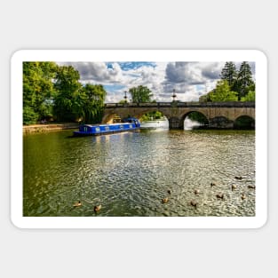 A Blue Narrowboat at Wallingford Bridge Sticker